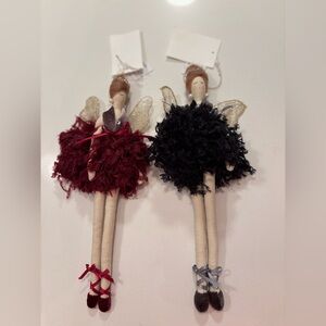 Set of 2 Elegant Christmas Angel Plush Ornaments - Burgundy and Black